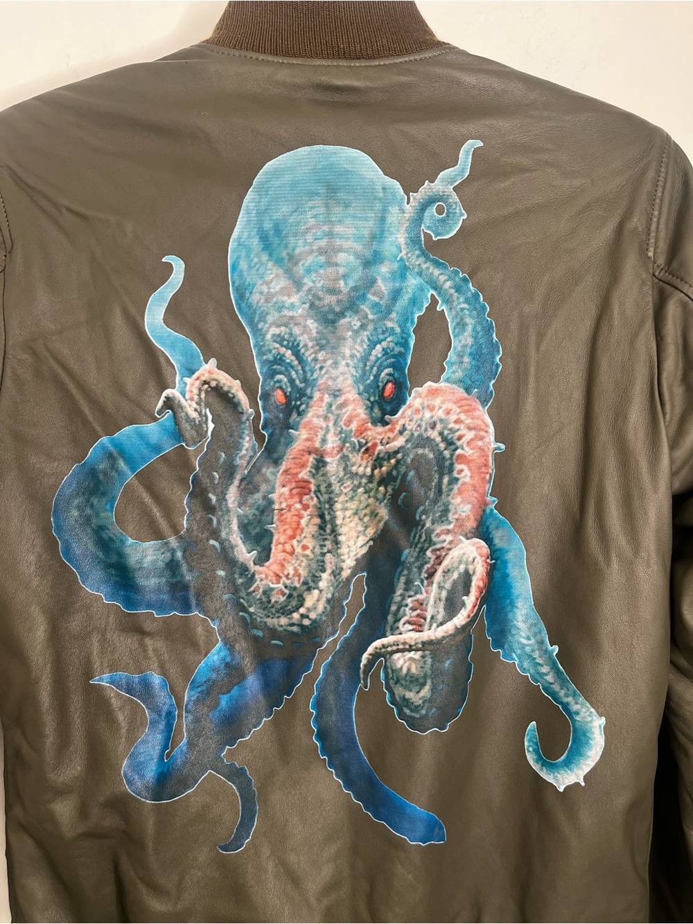 Mens Olive Green Bomber Jacket w/Octopus Graphic Medium 100% Leather Lambskin